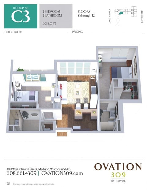 Floor plan for 2 beds, 2 baths, 993 sqft